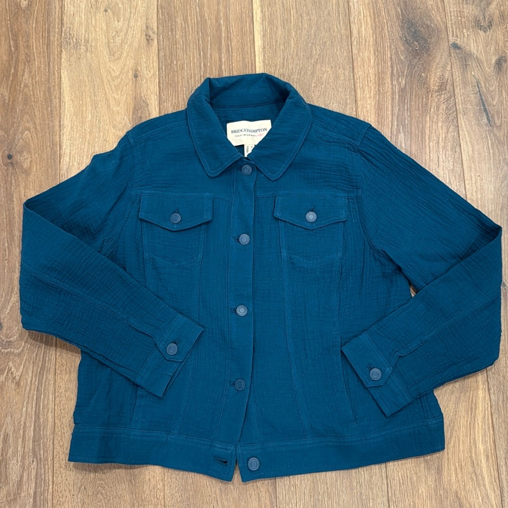 QVC Bridge Hampton Blue Textured Button Up Jacket Size Medium